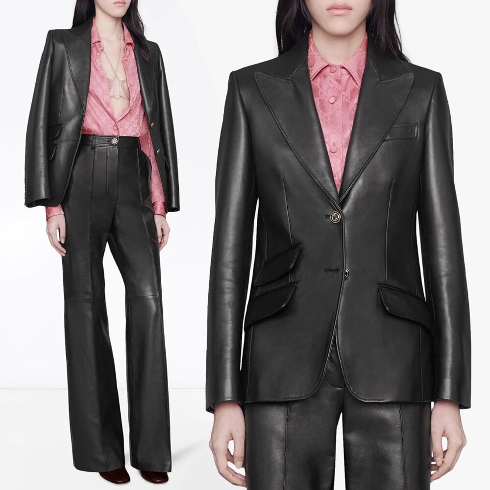 GUCCI JACKET BLACK LEATHER SINGLE BREASTED GG BUTTONS sz IT 40 US 4